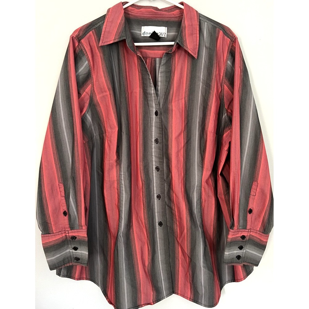 Denim 24/7 Shirt Womens 26W Red Gray Button Up Long Sleeve Striped‎ Plus Size